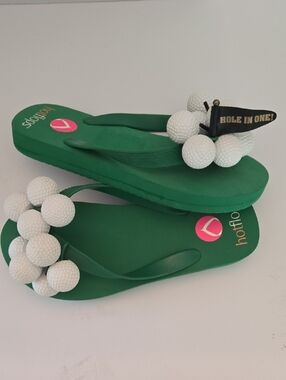 Women's Green Golf-Themed Flip Flops with Decorative White Balls